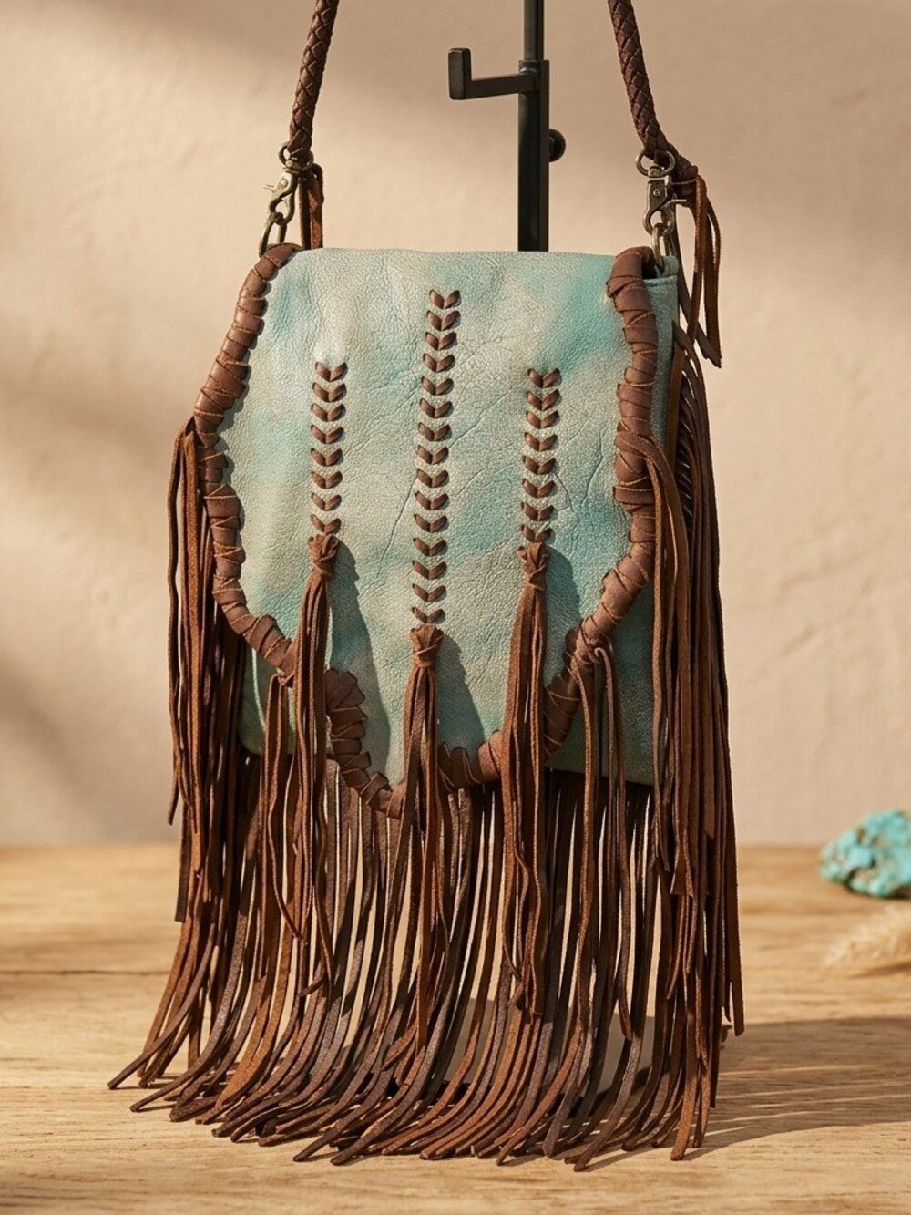 American Darling Aqua and Brown Fringe Crossbody Bag - Picture 4 of 4